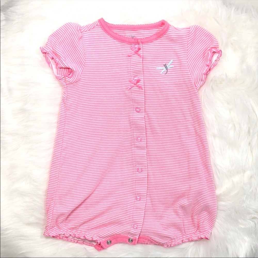 Pink striped romper with dragonfly patch